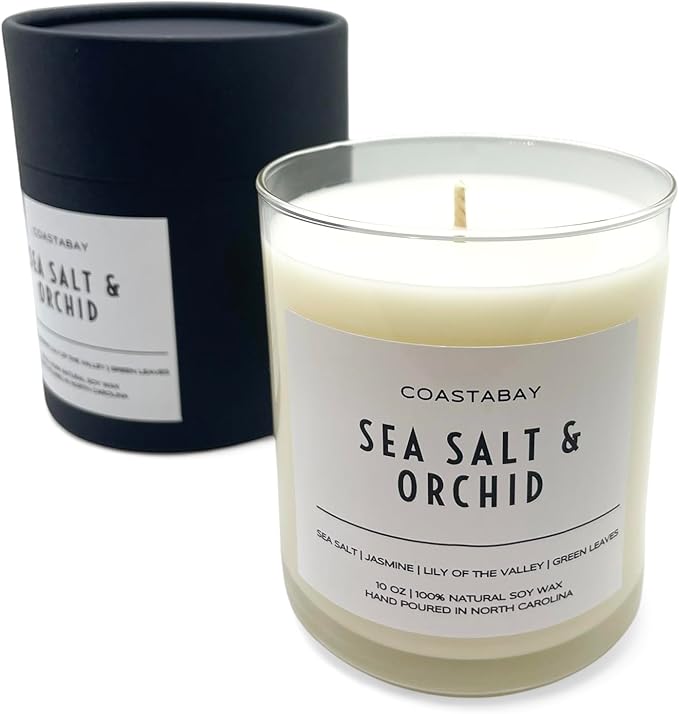 Sea Salt and Orchid Candle for House Decor | 50+ Hour Burn, All Natural Soy Scented Jar Candles, Clean Floral Scent, Organic and Non Toxic, Large 10oz