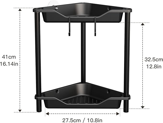 Orimade Rustproof 2 Tier Floor Standing Corner Shower Caddy Organizer, Plastic Metal Splicing Floor Corner Shelf Rack Stands for Bathroom, Black