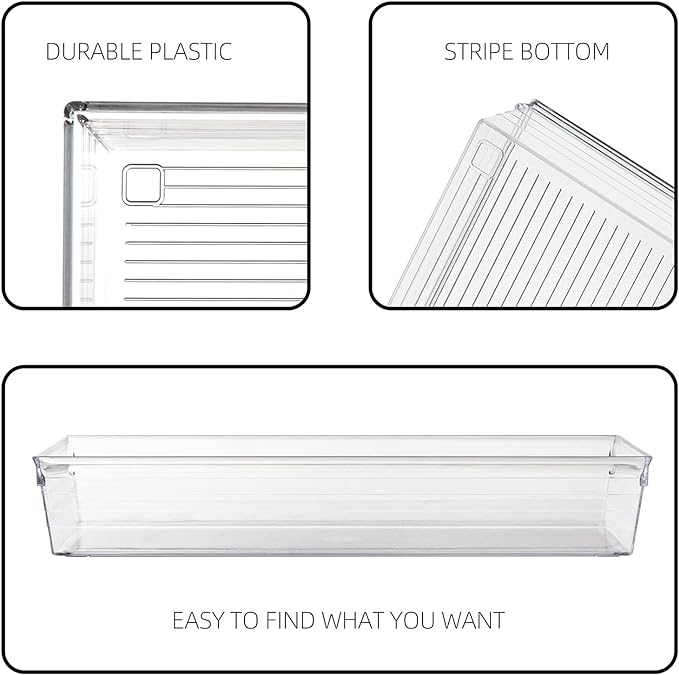 Backerysupply Clear Plastic Drawer Organizer Tray for Vanity Cabinet (12”×3”×2”,Set of 8),Storage Tray for Makeup, Kitchen Utensils, Jewelries, and Gadgets