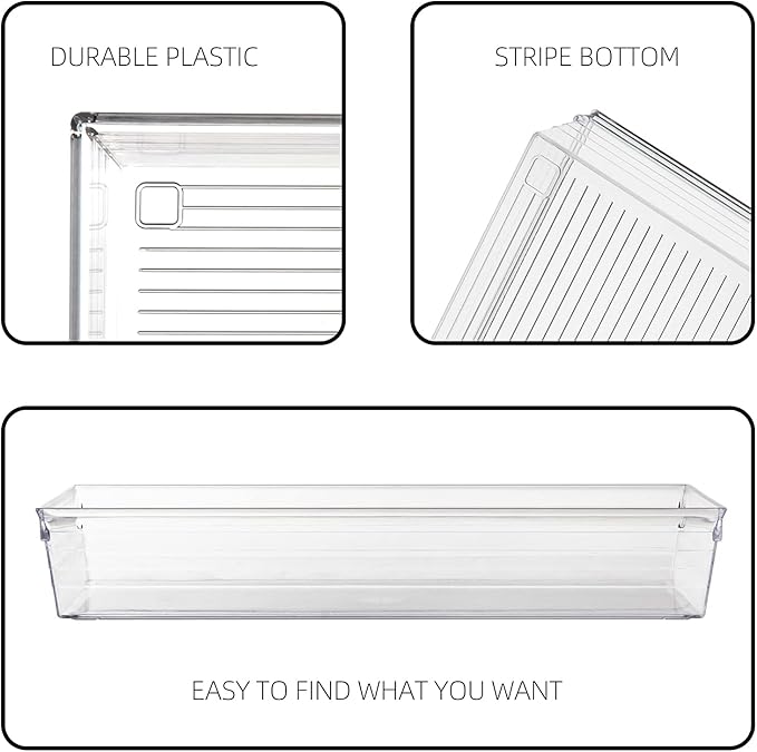 Backerysupply Clear Plastic Drawer Organizer Tray for Vanity Cabinet (9"×3"×2",Set of 8),Storage Tray for Makeup, Kitchen Utensils, Jewelries, and Gadgets