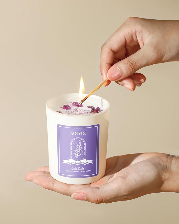 AOOVOO Lavender Scented Candle Set 2 Pack - Aromatherapy Candle with Crystals Inside, 14oz Soy Candles for Home Scented, Birthday Gifts Mothers Day Candle for Women Mom
