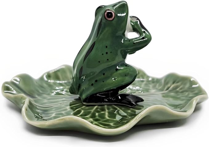 Tiny 2" High Dark Green Frog On 4" Wide Lotus Leaf Incense Holder - Ceramic Incense Stick Tray Porcelain Miniature Handmade Animals Figurine Display Cute Mini Colorful Décor Gift