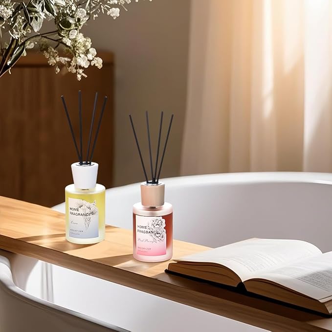 Reed Diffuser - Linen&Pink Peony 4.06oz (120ml) 2 Packs Essential Oil Reed Diffuser Set with 16 Sticks, Long Lasting Fragrance for Home, Bathroom, Bedroom, Room, Decor