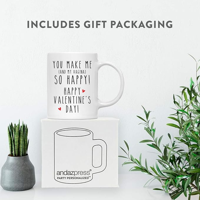 Andaz Press Valentine’s Day Funny 11oz. His Her Couples Coffee Mug Gift, You Make Me (And My Vagina) So Happy! Happy Valentine's Day!, 1-Pack, Gift Box