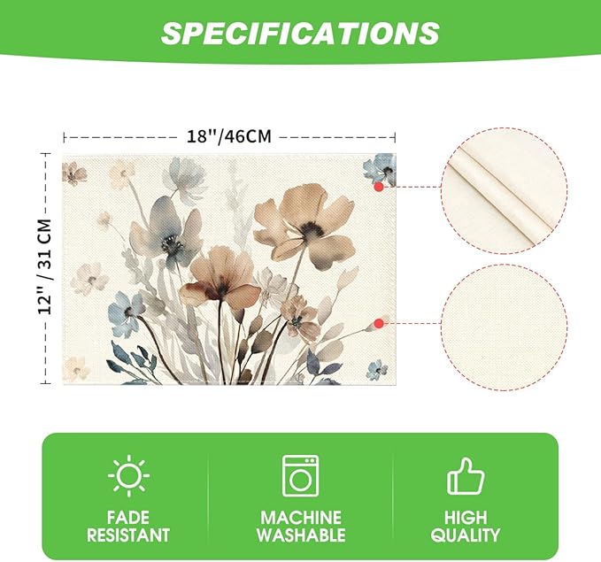 Artoid Mode Brown Poppy Floral Leaves Fall Placemats Set of 4, 12x18 Inch Seasonal Spring Table Mats for Party Kitchen Dining Decoration