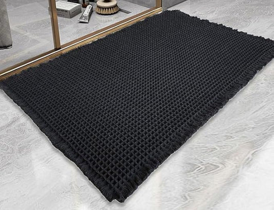 Upgraded Waffle Bath Mat – Ultra Soft, Super Absorbent & Non-Slip Rug with Tassels, Machine Washable, Rubber Backed for Bathroom, Hallway Runner, Kitchen and More (Black, 18" X 30")