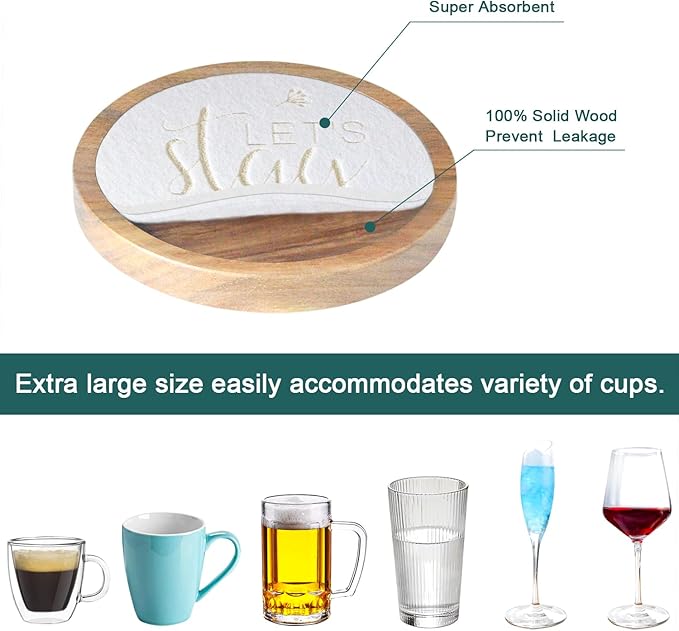 Wood Coasters for Drinks - Housewarming Gifts for Home Decoration - Set of 6 Absorbent With Holder - Funny Coffee Tabletop Protection - 4.3 Inch White