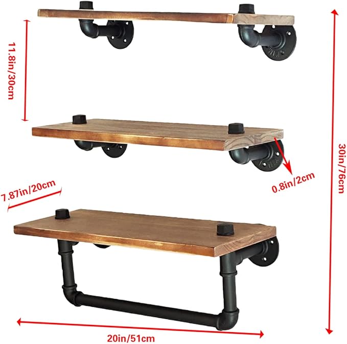 Industrial Pipe Bathroom Shelves with Towel Bar Rustic Wall Mounted Wood Floating Shelving Bookcase Farmhouse Home Decor for Bathroom Bedroom Kitchen Living Room Office,Set of 3