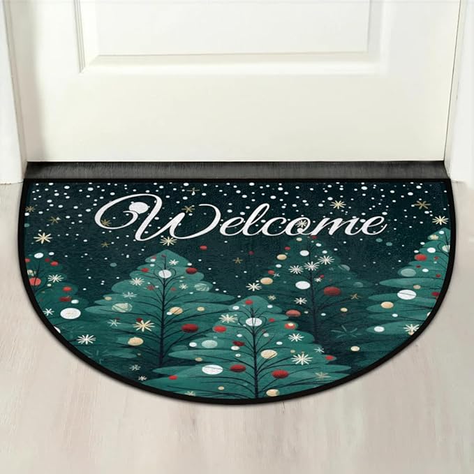 Half Round Doormat Indoor Welcome Mat Half Round Rugs Non-Slip Kitchen Mat for Home Living Room Laundry Room Study Bedroom Winter Christmas Tree Rugs