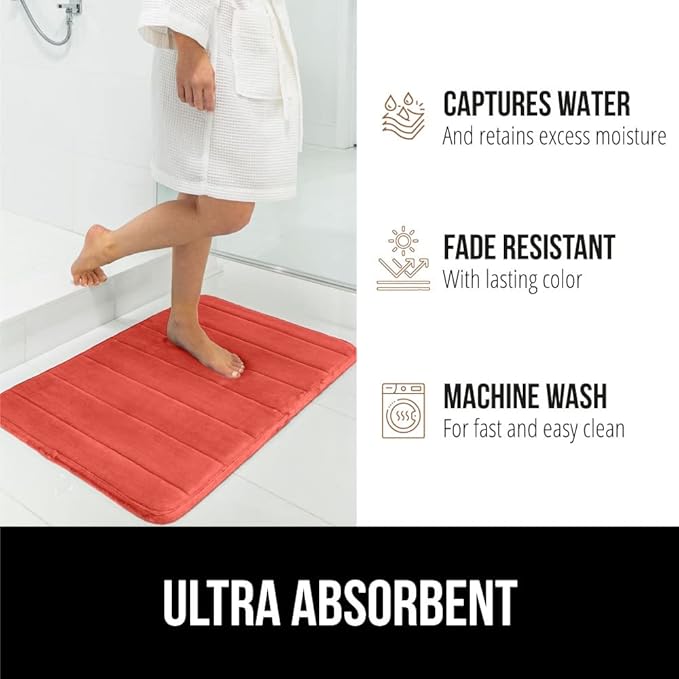 GORILLA GRIP Memory Foam Bath Mat, Soft Absorbent US Designed Bathroom Rug, Gripping Dots Machine Washable Bathmat, Cushioned Floor Mats, Shower Sink Rugs Room Décor Accessories, 24x17 Coral