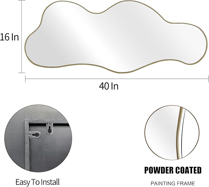 POZINO Irregular Wall Mirror, Asymmetrical Mirrors, 39.3"x16" Cloud Shaped Mirror, Gold Modern Mirrors for Bathroom Living Room Bedroom Entryway