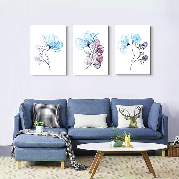 Modern blue flowers Canvas Wall Art for bedroom Living Room,Bathroom Wall Decor,3 Panels Wall Painting Home Decoration kitchen Canvas Print Abstract watercolor flowers and leaves artwork wall mural