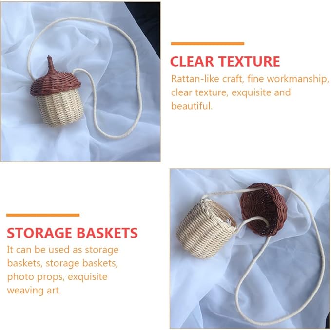 Cute Acorn Basket with Lid: Acorn Shaped Basket Shoulder Bag Hand Woven Rattan Storage Baskets Decorative Picnic Baskets Wicker Crossbody Bag for Girls Women