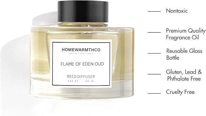 Flame of Eden Oud Reed Diffuser Set - Luxury Fragrance Reed Diffusers for Home, Office & Bathroom Décor - Long-Lasting Scent with Non-Toxic Oils (5.63 oz)