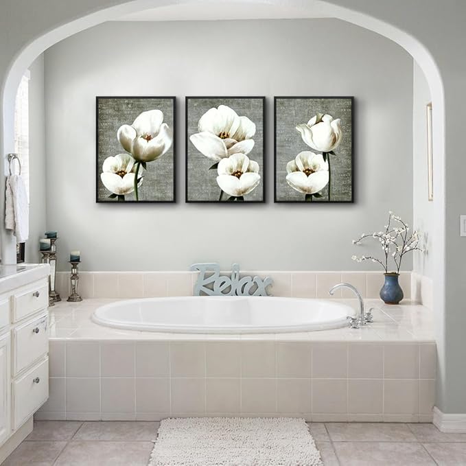 TTHYUEWS Black Framed Wall Art For Living Room Wall Decor For Bedroom Kitchen Decor Gray Green Vintage Style White Flowers Wall Painting Abstract Pictures Prints Artwork Modern Room Decor 3 Panels