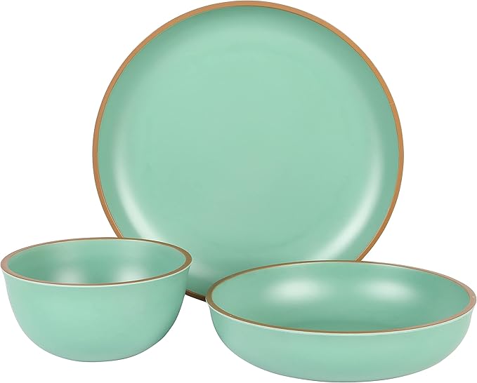 Gibson Home Rockabye 12 Piece Double Bowl Melamine Plastic Dinnerware Set - Matte Green