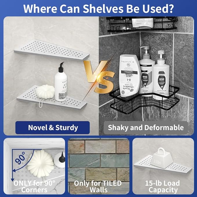 Corner Shower Shelf, 12" Trapezoid Floating Shelf, 304 Stainless Steel Grid Design Recessed Bathroom Shelf for Tiled Wall, No Drilling