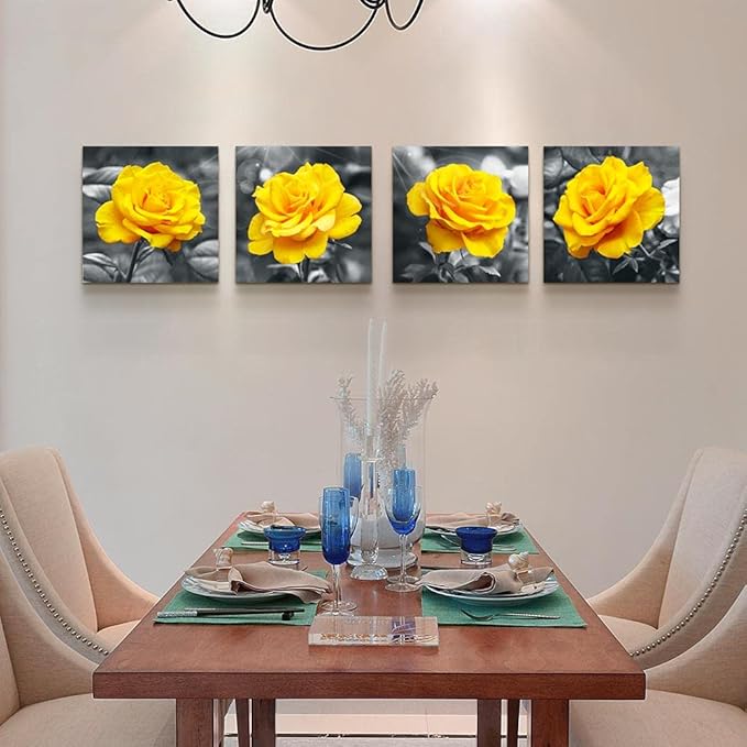 Canvas Wall Art For Living Room Family Wall Decor For Bedroom Modern Kitchen Wall Decorations Black And White Wall Pictures Artwork Yellow Rose Flowers Canvas Art Prints Bathroom Home Decor 4 Piece