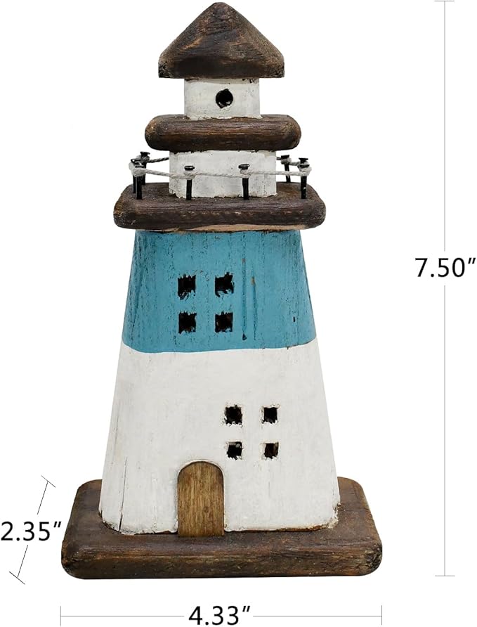K KILIPES Beach Lighthouse for Bathroom Nautical Home Decor, 7.5" H Wood Light House Hand Crafted Sculpture Tabletop Coastal Centerpiece Ocean Decorations
