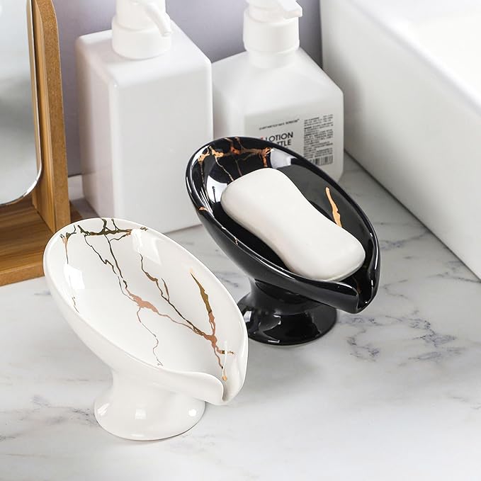 WHJY Marble Soap Holder Tray, Small Leaf Shape, Black, for Bathroom & Kitchen