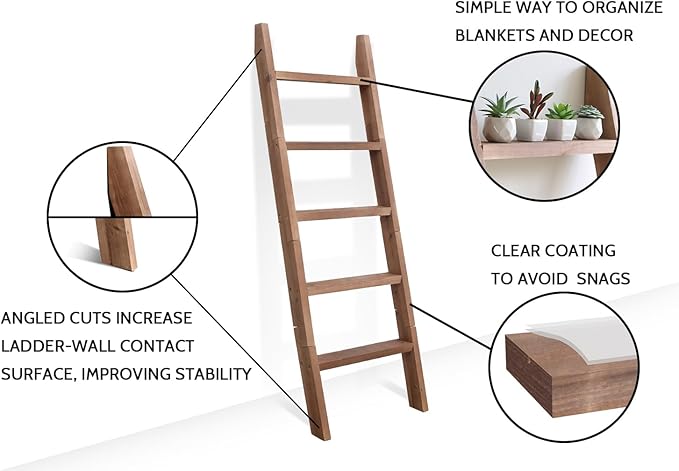 FUIN 5ft (58") Wood Blanket Ladder Living Room Decorative Wall Leaning Farmhouse Quilt Display Holder Shelf Rustic Wooden Towel Rack for Bathroom, Brown