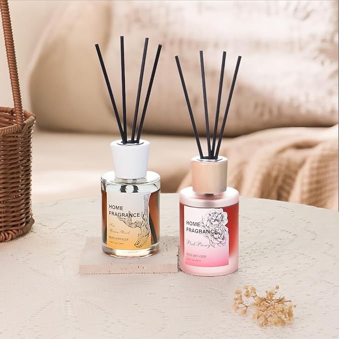 Reed Diffuser - Sea Guaiac Wood&Pink Peony 4.06oz (120ml) 2 Packs Essential Oil Reed Diffuser Set with 16 Sticks, Long Lasting Fragrance for Home, Bathroom, Bedroom, Room, Decor