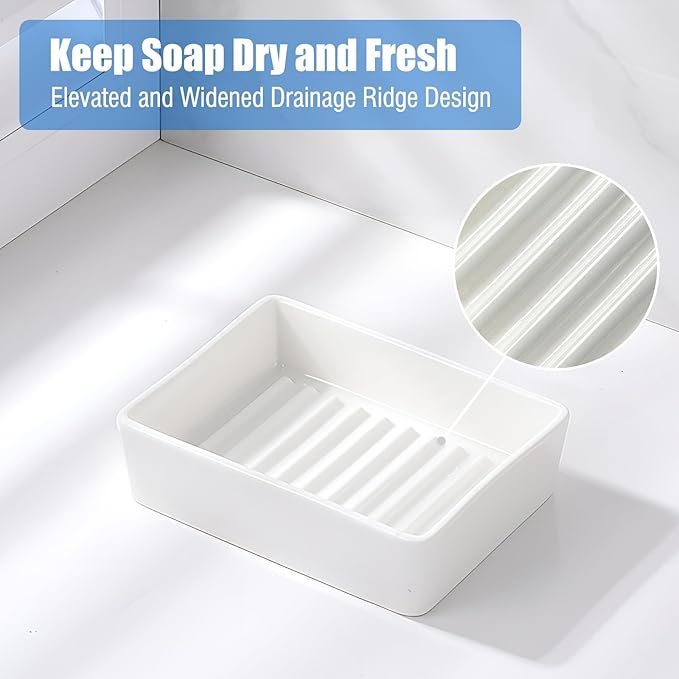 Minimalist Ceramic Soap Dish, White Soap Dish with Higher Draining Ridges, Decorative Soap Holder, Multi-Purpose Bar Soap Holder for Bathroom Sink, Shower, Kitchen, Easy to Clean
