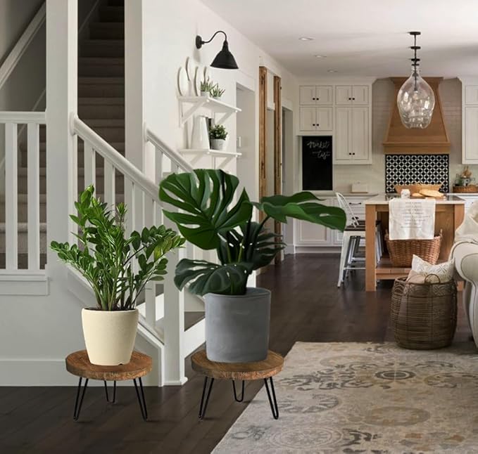 OBTAIN Plant Stand Indoor Outdoor, Wooden plant Stool, Mid Century Plant Stand for Indoor Plants, Wood Modern Plant Holder Rattan Flower, Low Short Boho Rustic Planter Stand Fit 5-15 Inch Pot(M, L)