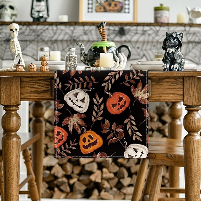 Artoid Mode Jack-O'-Lantern Pumpkin Leaves Black Halloween Table Runner, Holiday Kitchen Dining Table Decoration for Home Party Decor 13 x 60 Inch