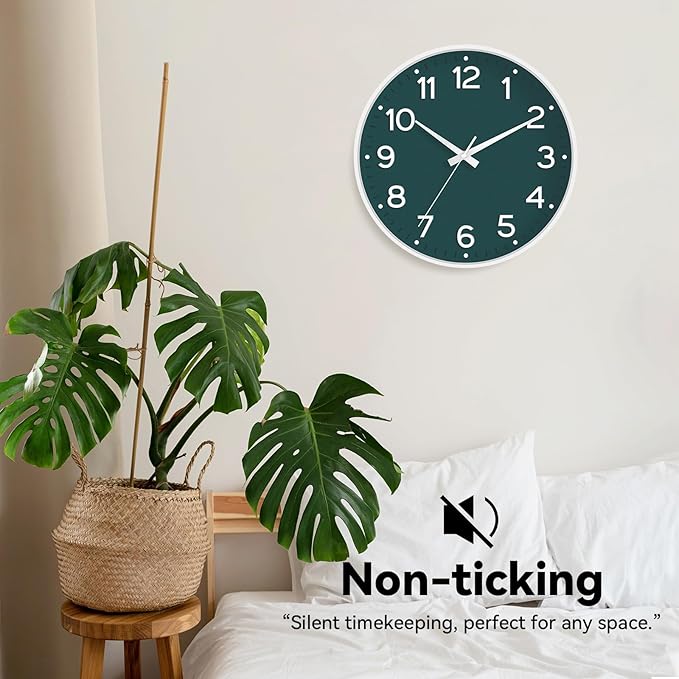 Wall Clock, Silent Wall Clocks Battery Operated 8 Inch-Modern Non Ticking Analog Clock Decorative for Kitchen Office Bathroom Bedroom(Deep Green)