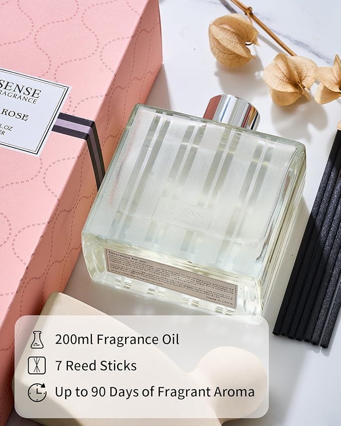 M&SENSE Rose & Sandalwood Reed Diffuser Set - 7.04 oz Velvet Rose Non-Toxic Scent Diffusers for Home Bathroom Shelf Decor, Aromatherapy Diffuser Gift for Girlfriend,