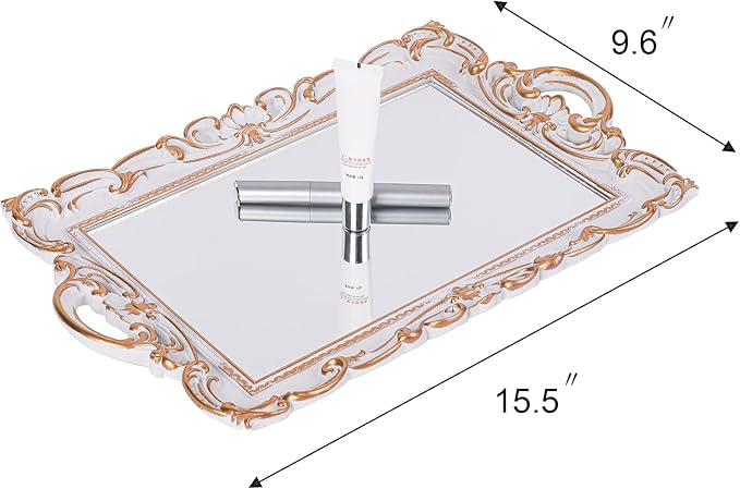 Sooyee Decorative Tray,Bathroom Tray Decor, 15.5x9.6 Mirror Serving Tray with Handle for Dessert Table,Coffee Table,Vanity,Home Decor,White and Gold