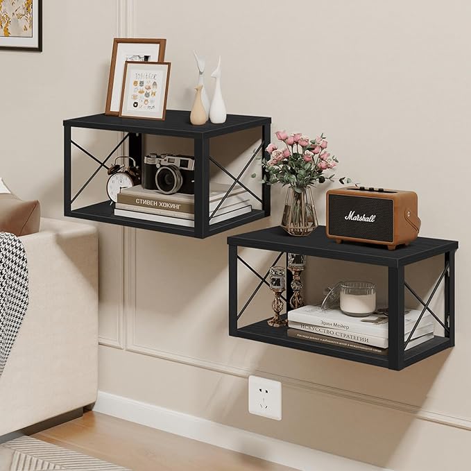 Homode Floating Nightstand, 2 Tier Wall Mounted Nightstand with Cable Hole, Wooden Floating Bedside Table, Bedside Wall Shelf for Bedroom Bathroom Living Room Kitchen Office, Black