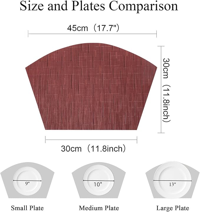 SHACOS Small Round Table Placemats Set of 4 Wedge Placemats Burgundy Red Heat Resistant Table Mats Wipe Clean (4, Burgundy Red)