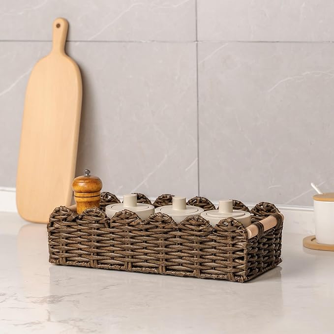 CubesLand PP Wicker Scalloped Edge Floating Shelves Baskets, Toilet Paper Basket for Over Toilet Storage Shelf, Ending Table, Cabinet Organizing and Home Décor, Rattan Basket with Wood Handle,Brown