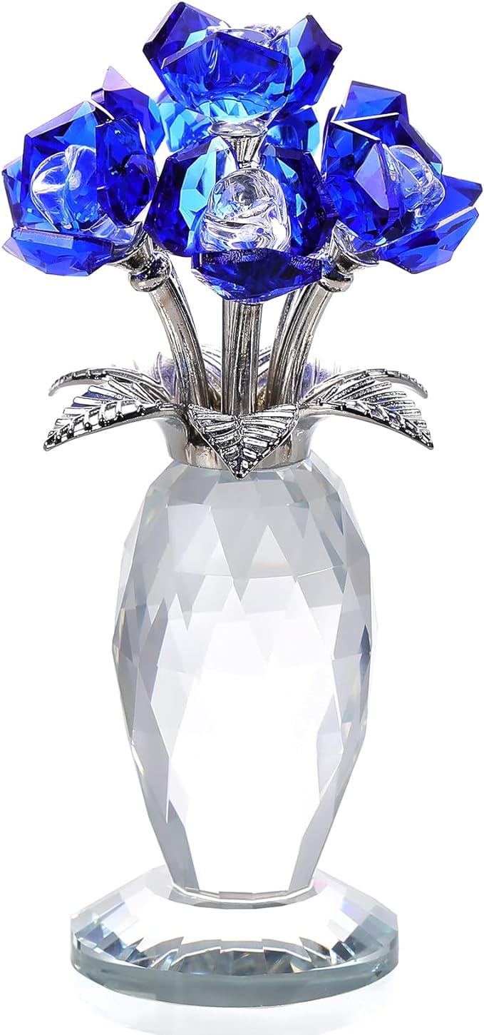 Crystal Blue Rose Bouquet Figurines Gifts for Women Flowers Valentine's Day Mother's Day Presents for Girlfriend Wife Partner Ornament for Home Decor