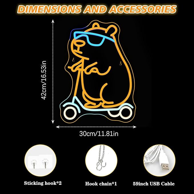 Cool Capybara Neon Sign Dimmable Cute Animal With Skateboard Led Signs for Wall Decor Cartoon Neon Night Sign for Bedroom Children's Room Party Holiday Birthday Decoration Capybara Fans Gifts