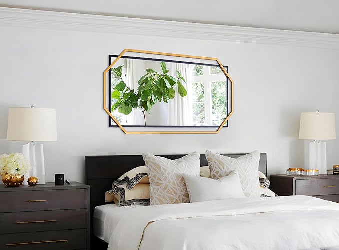 Black and Gold Large Mirror for Bedroom Wall, Extra Bathroom Rectangular Mirror with Decorative Metal Octagonal Frame, for Entryway,Living Room, Dining Room (60"x30.5")