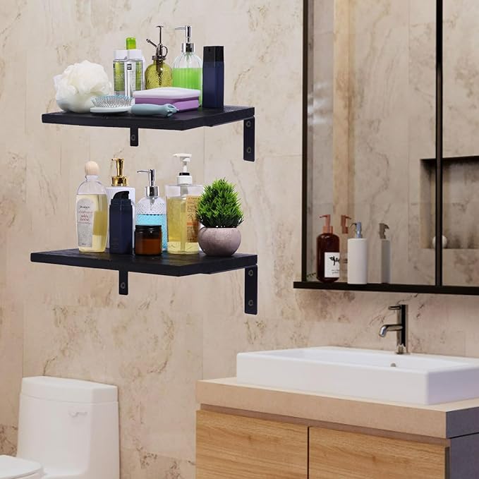 Floating Shelves for Wall,12 Inch Deep Floating Shelf with Brackets,Wood Wall Shelves,Wall Mounted Bookshelf for Living Room,Bedroom,Kitchen,Office,Storage and Display Shelf Set (Black)