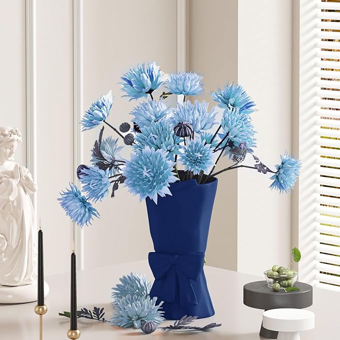 Blue Ceramic Bow Vase 9.64 in Unique Cute Modern Decorative Bouquet Flower Vases for Home Living Room Table Decor Women Girl Gifts