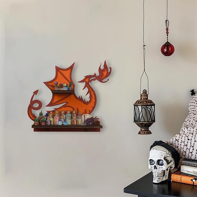 Wooden Fire-Spitting Dragon Decor Crystal Display Shelf for Wall, Rock Display Case Knick Knack Organizer Trinket Holder, Wall Hanging Shelves for Essential Oil & Nail Polish