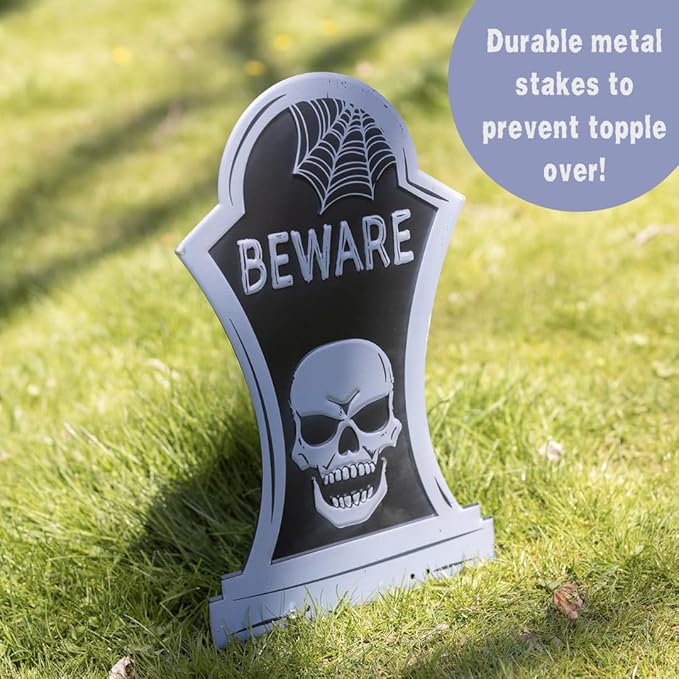 3-D Metal Halloween Ghost Cemetery XL 17" Tombstone w Stakes -BEWARE- Durable, Rustproof, UV Raised Printing- Upgrade Your Haunted House Mansion w Cemetary Lawn Decor- No More Flimsy Foam Graveyards