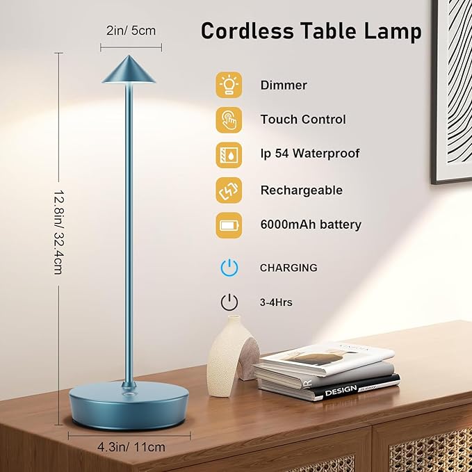 Set of 2 Rechargeable Cordless Table Lamp,6000mAh LED Battery Operated Desk Lamp Touch 3 Color Dimming Portable Outdoor Waterproof Table Light for Patio/Restaurant/Dining/Home (Blue)