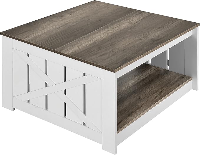 YITAHOME Coffee Table Farmhouse Coffee Table with Storage Rustic Wood Cocktail Table, Square Coffee Tables for Living Meeting Room with Half Open Storage Compartment, White and Light Brown