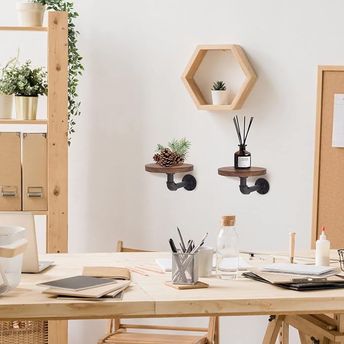 5.9inch Wall Mounted Floating Shelves Round Display Rack with Metal Industrial Pipe Brackets, Rustic Wood Shelving for Bedroom, Bathroom, Living Room, Kitchen, Set of 2