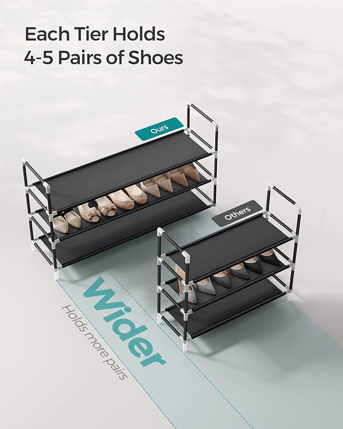 SONGMICS 3-Tier Shoe Rack, Shoe Storage for Hallway Closet, Slim and Space-Saving, Metal Frame, Non-Woven Fabric Shelves, Black ULSH053B01