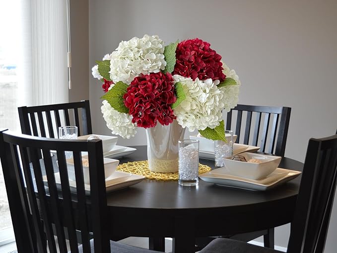 YalzoneMet 4 Pcs Hydrangea Artificial Flower Lifelike 21'' Long Stem Latex Real Touch Hydrangea for Xmas Home Party Kitchen Thanksgiving Table Centerpiec Christmas Wedding Decor 2 White + 2 Burgundy