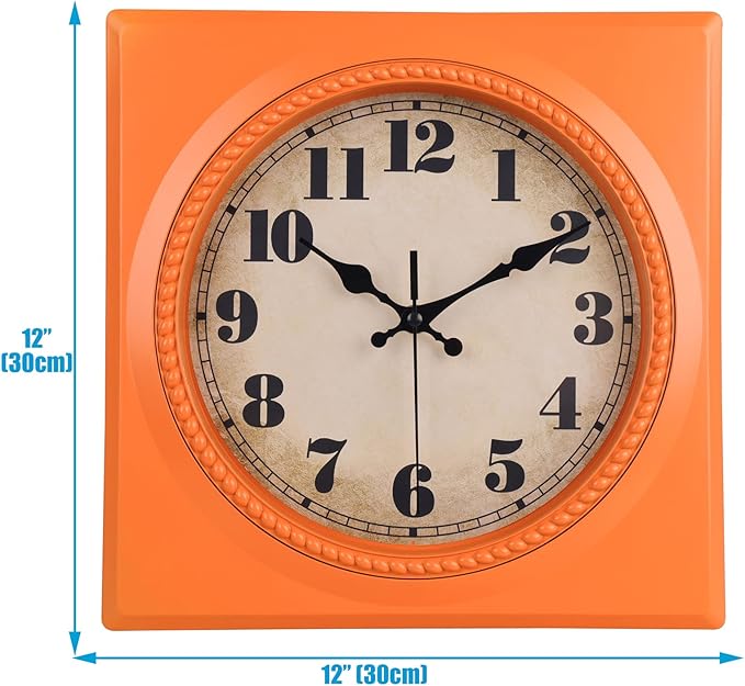 Orange Retro Wall Clocks Battery Operated 12 Inch- 1950s Style Square Vintage Clock for Kitchen Living Room Home Decor