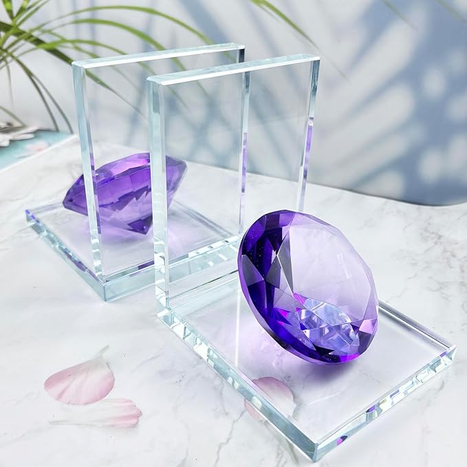 Crystal Bookends Decorative Glass Book Holders Heavy Duty Book Ends with Diamond for Shelf Decor Unique Book Stopper Purple