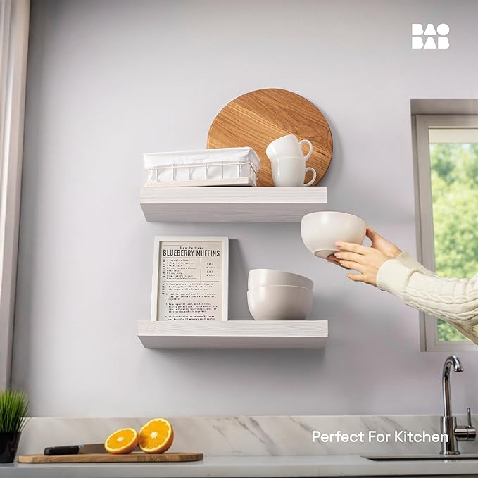 BAOBAB WORKSHOP Wood Floating Shelves for Wall White - Bathroom Floating Shelves White - Small Wall Mounted Shelf White for Bedroom Kitchen Living Room - 16D x 6.7W Inch, Set of 2